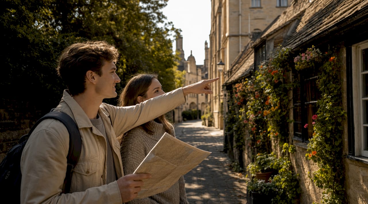 Tourists walking and pointing on historic street