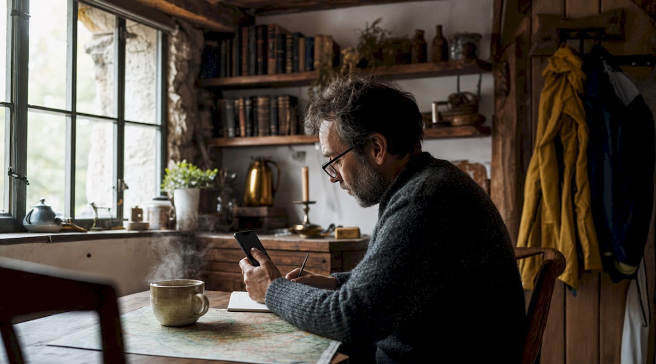Guide coordinating travel plans over coffee