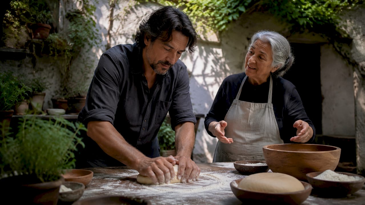 Traveler cooking with local family