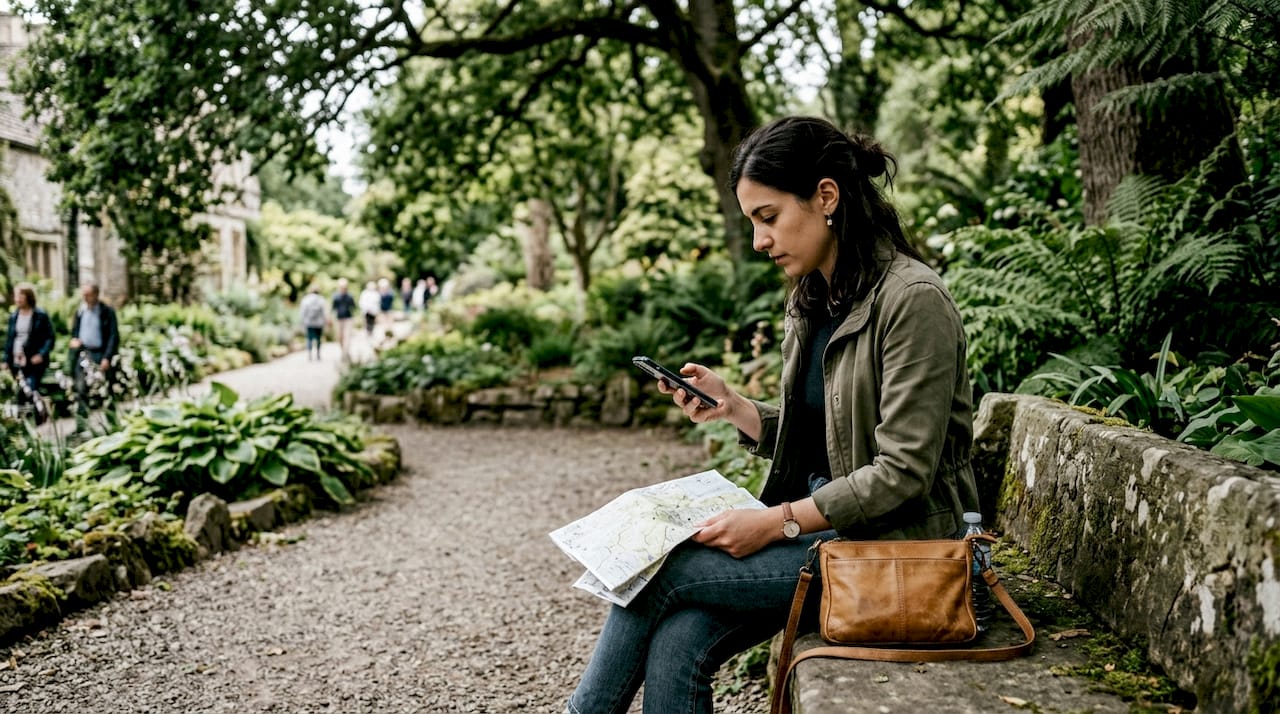 Traveler consulting digital guide on phone