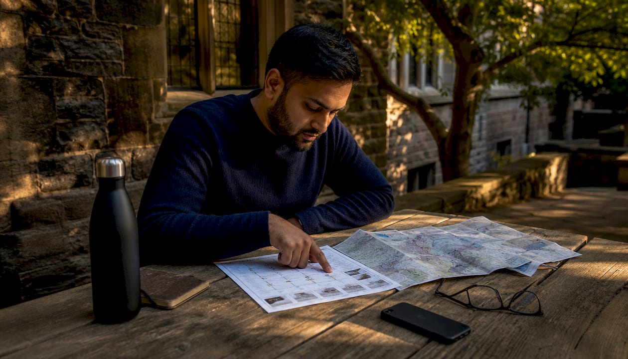 Hands pointing at walking tour itinerary on table