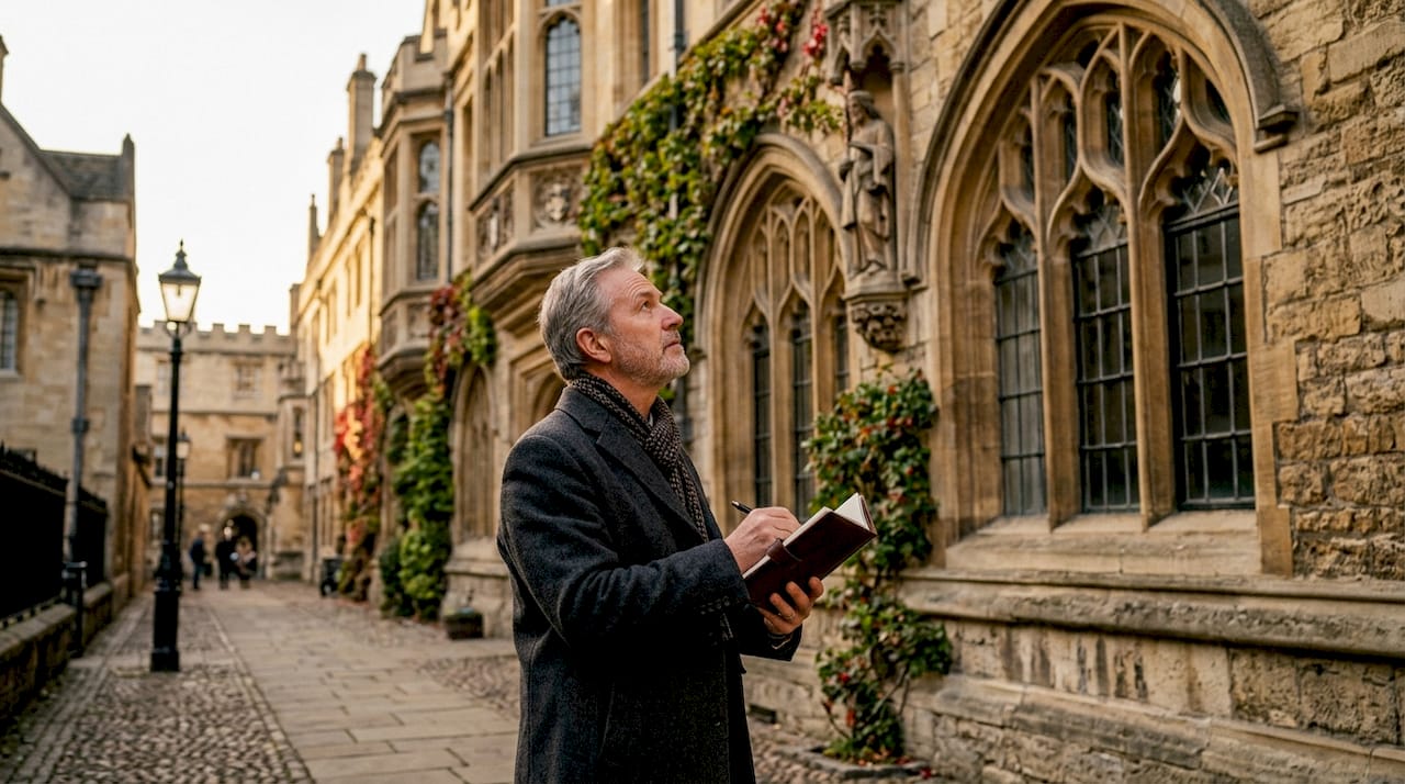 Man closely observing Tudor-Jacobean architectural details