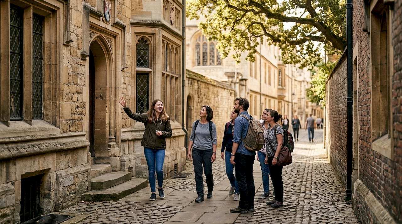 Tour group exploring Oxford literary historic buildings