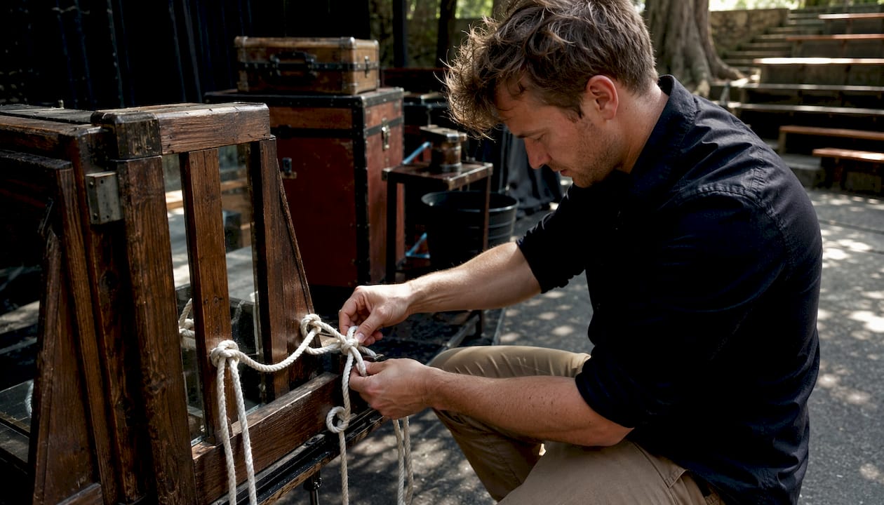 Magician adjusting touring stage illusion backstage