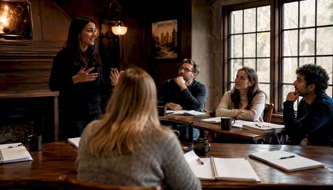 Tour guides in training role-play session