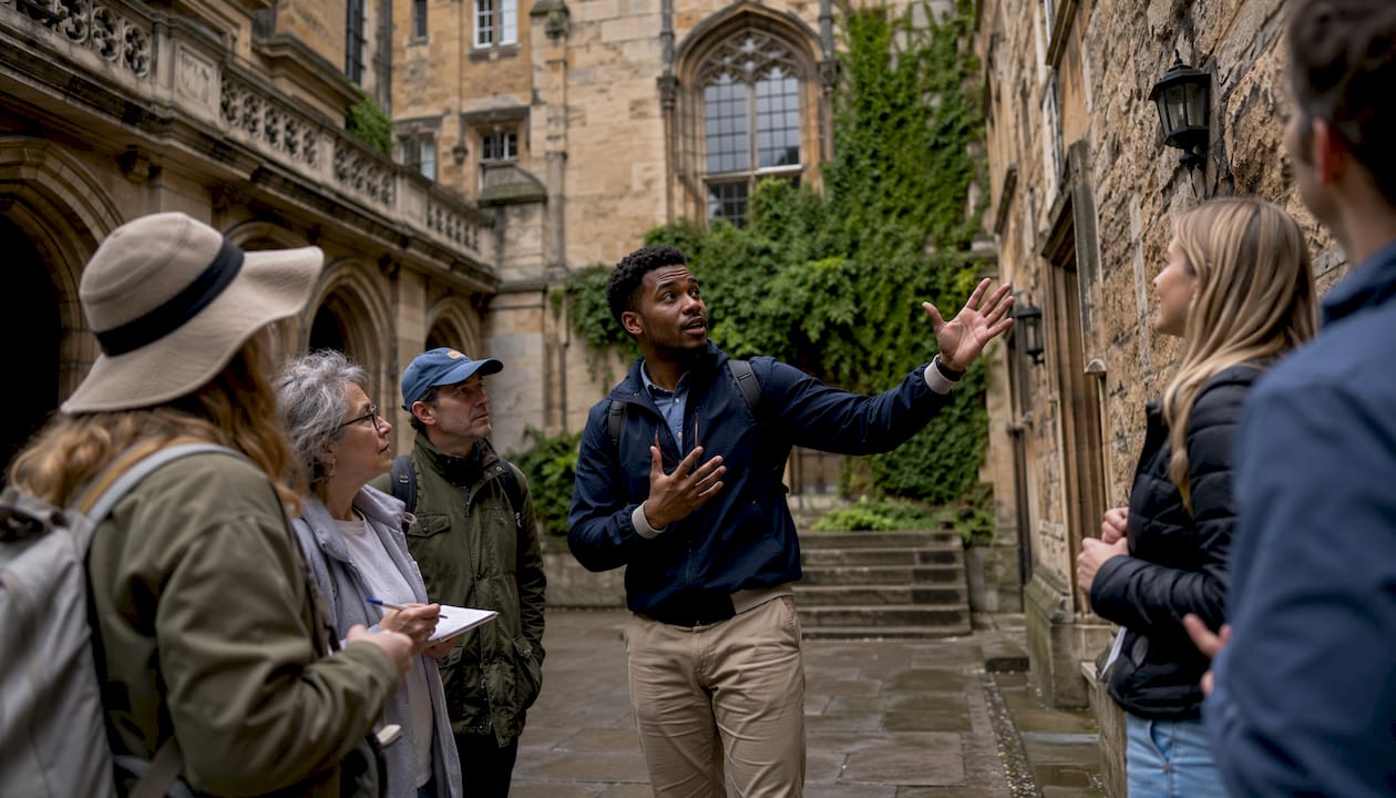 Side profile of guide explaining to tourists