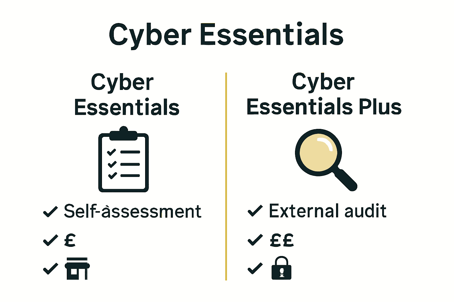 Infographic comparing Cyber Essentials and Cyber Essentials Plus certification levels.