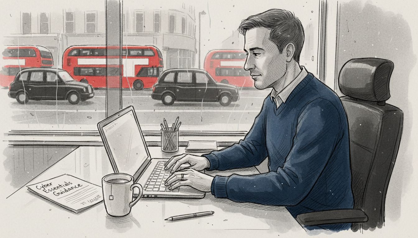 Business owner at cluttered desk with cyber document