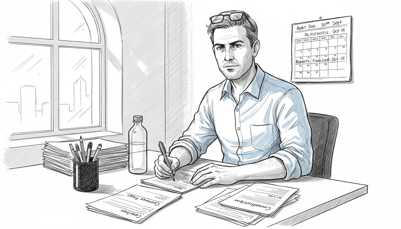 Business owner reviewing compliance paperwork