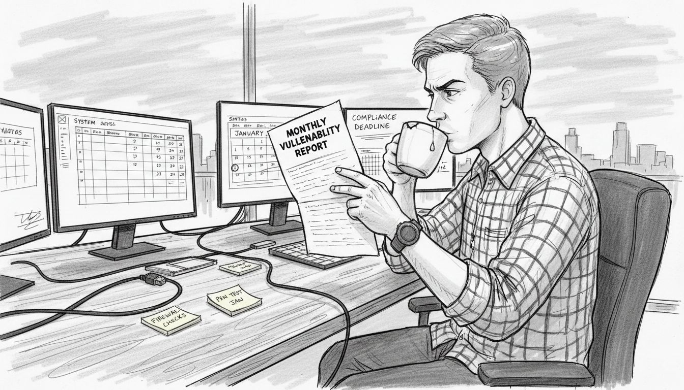 IT manager reading vulnerability report at table