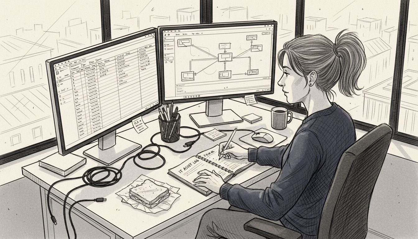 IT manager reviews asset inventory at desk