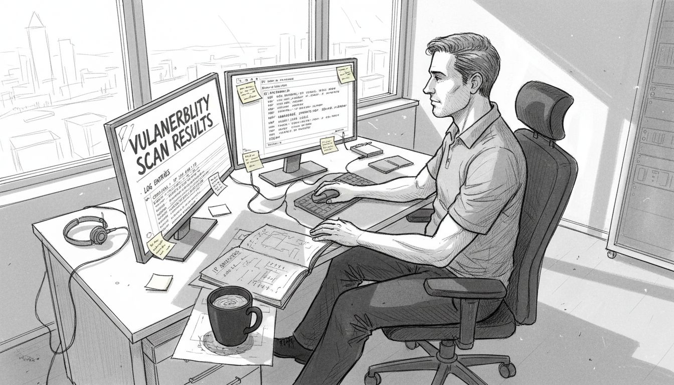 IT specialist conducting vulnerability scan in bright office