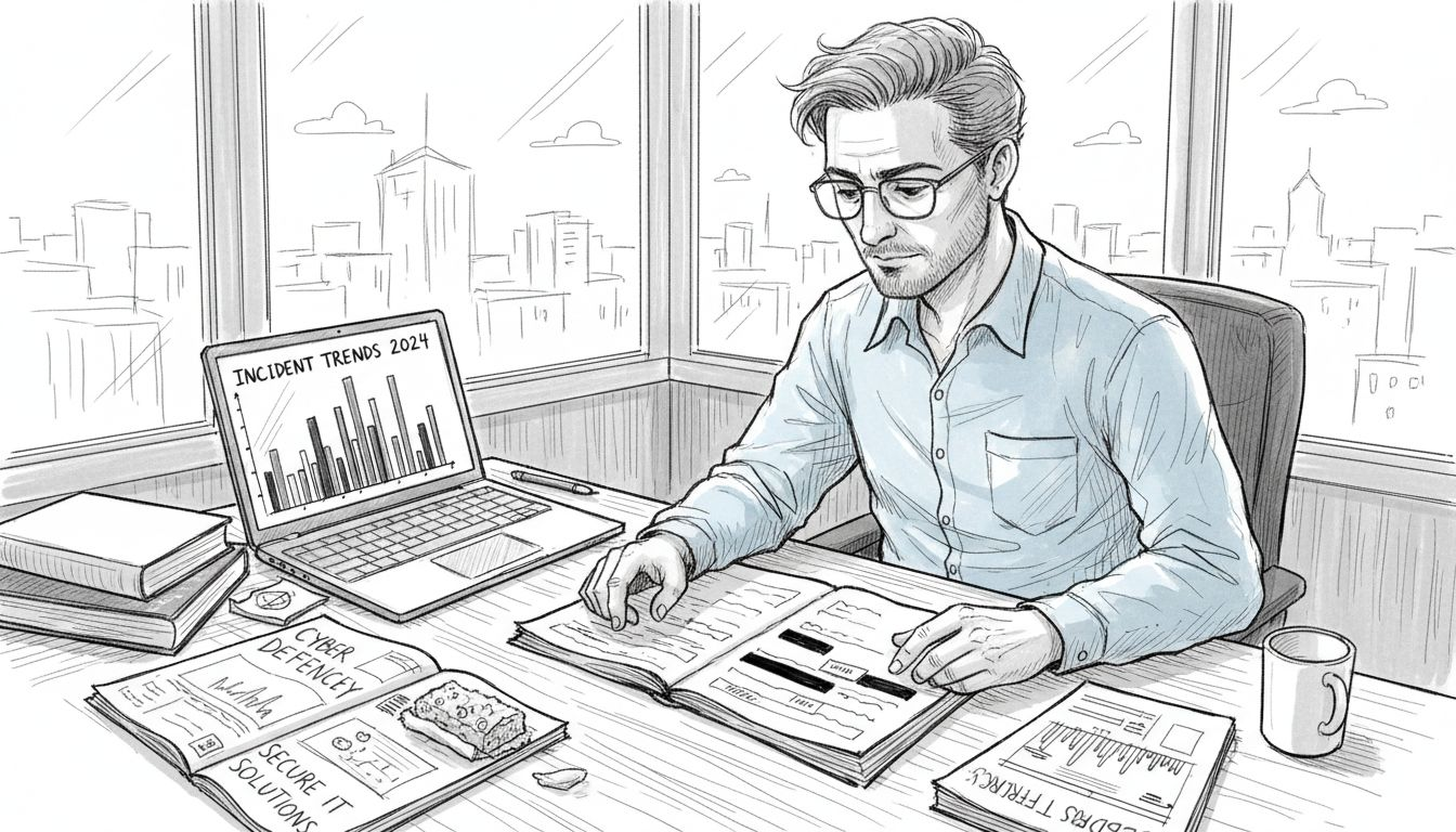 Cybersecurity consultant at desk with reports