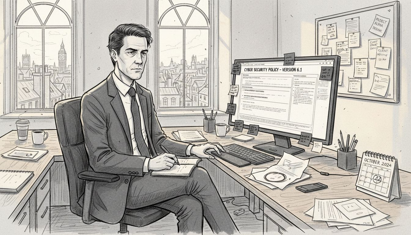 Businessman reviewing cybersecurity policy in corner office