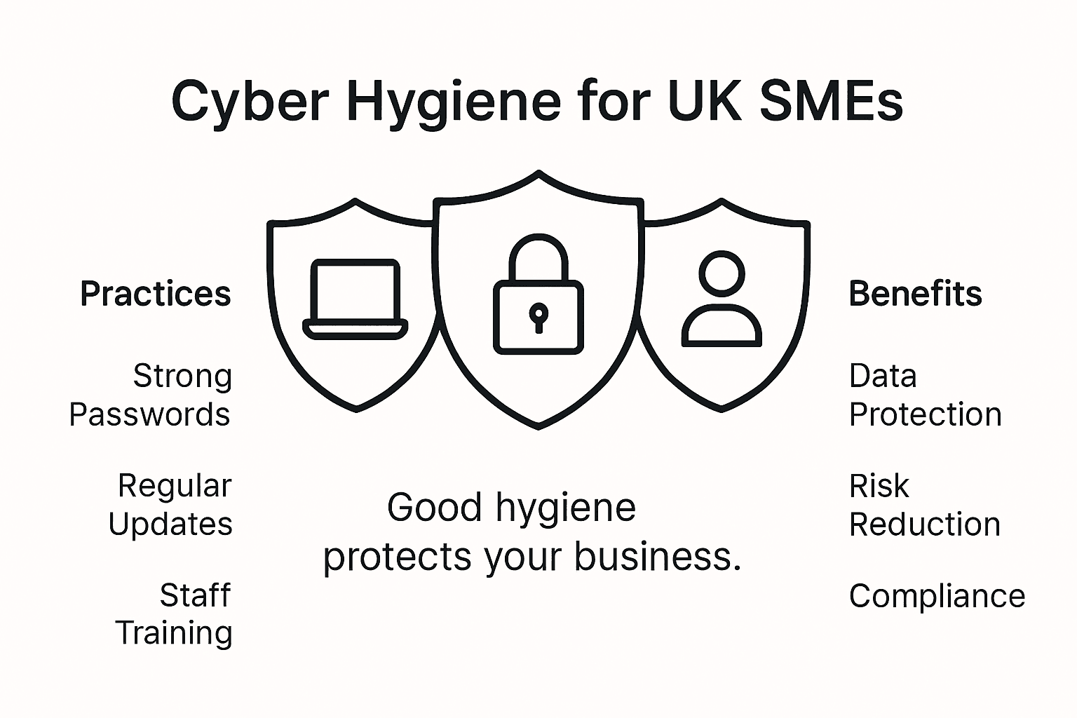 Infographic showing cyber hygiene key practices and benefits