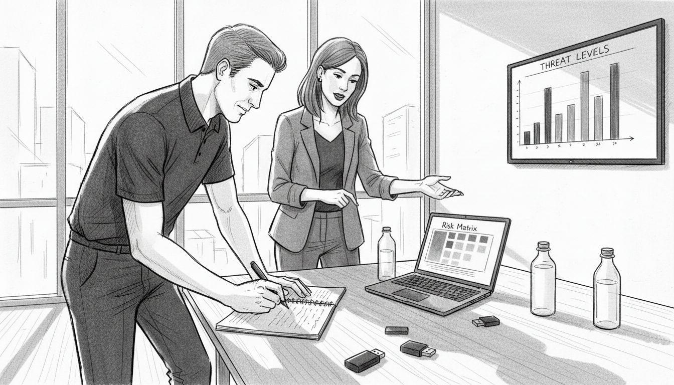 Colleagues discussing risk management matrix