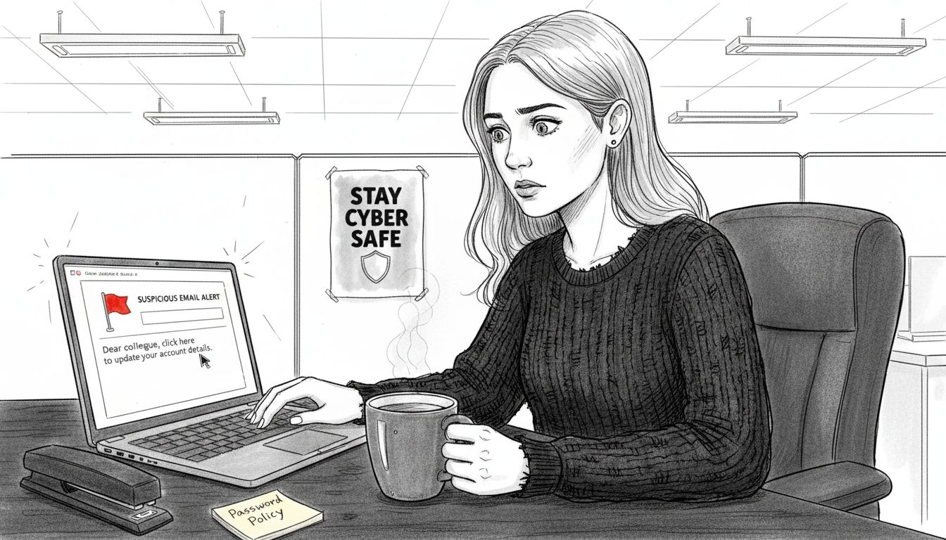 Office worker checking suspicious email alert