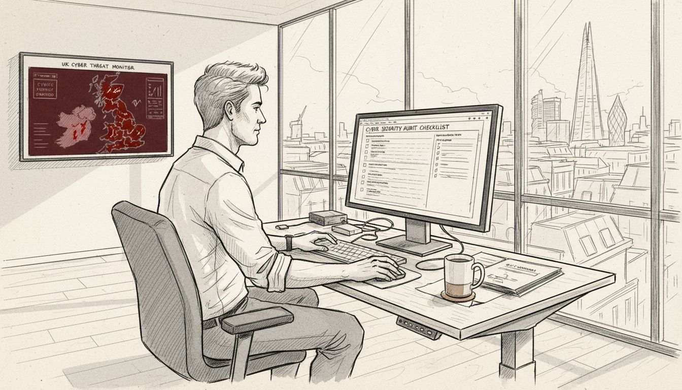 IT manager reviews cyber security checklist at London office
