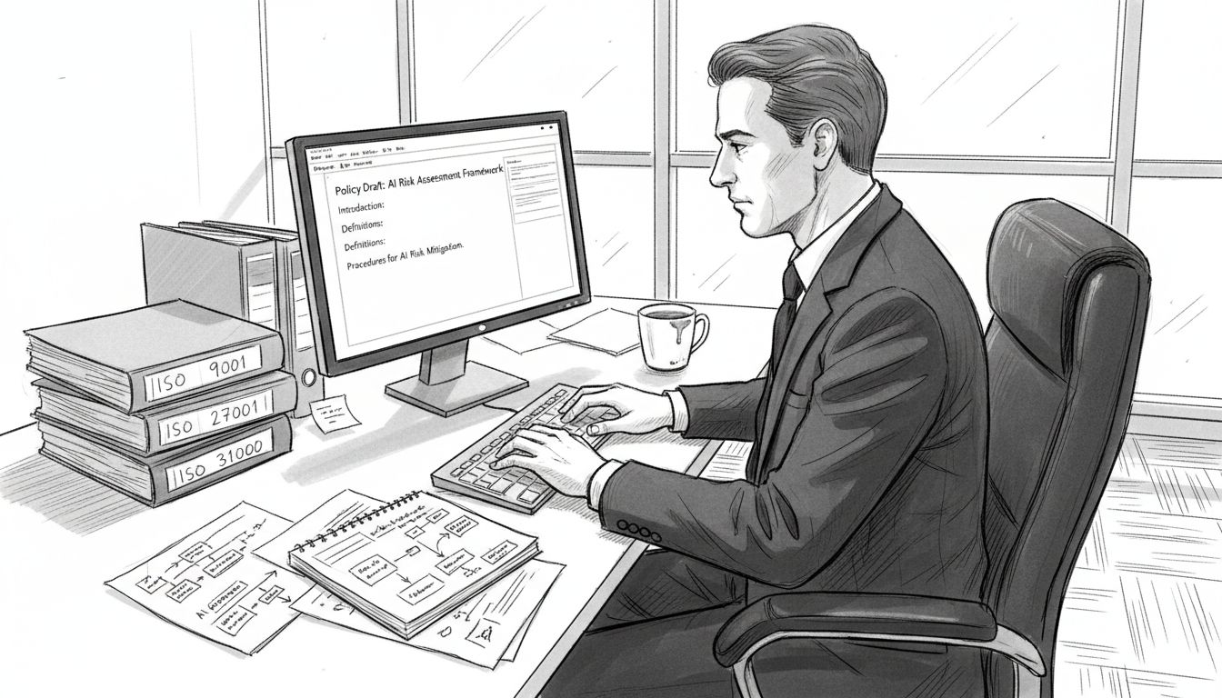 Officer preparing AI risk documents for ISO 42001