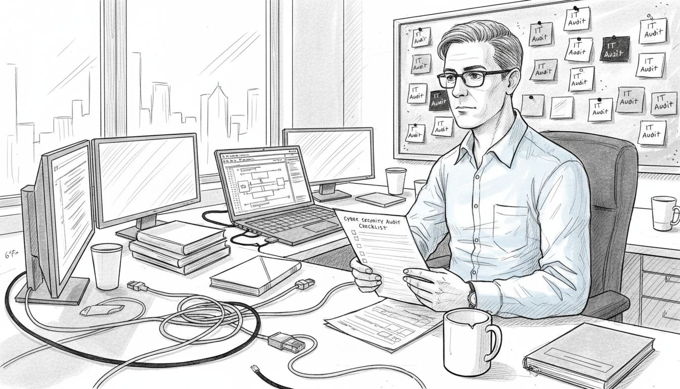 IT manager reviews security checklist in corner office