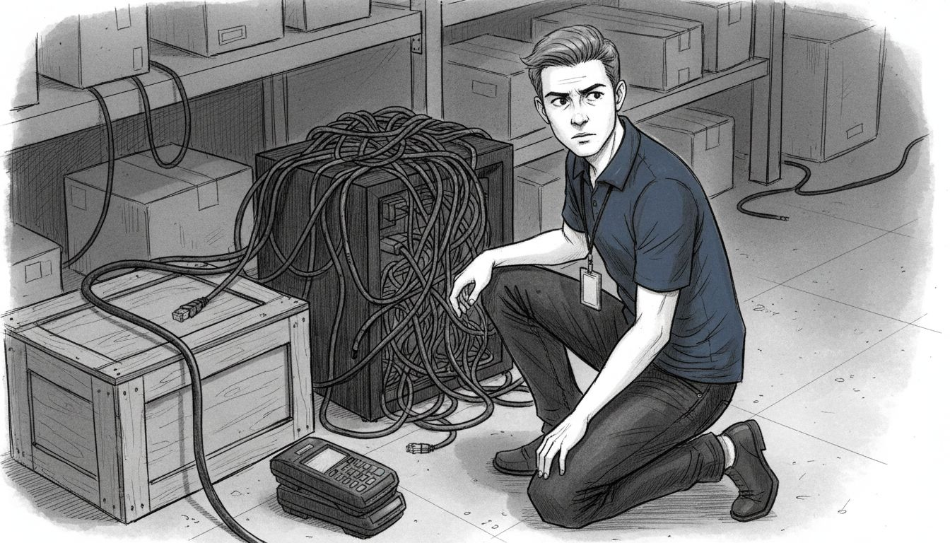 Technician checking POS system cables