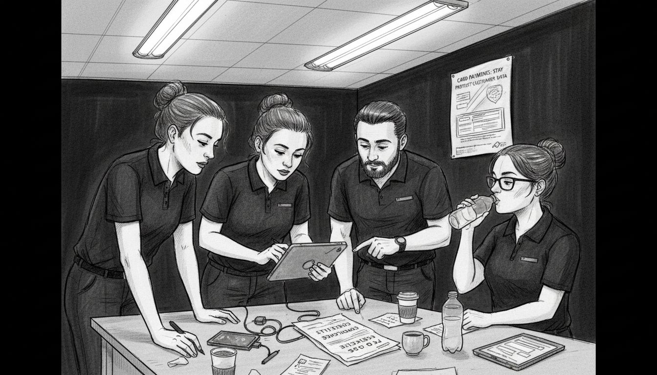 Retail staff reviewing PCI DSS checklist