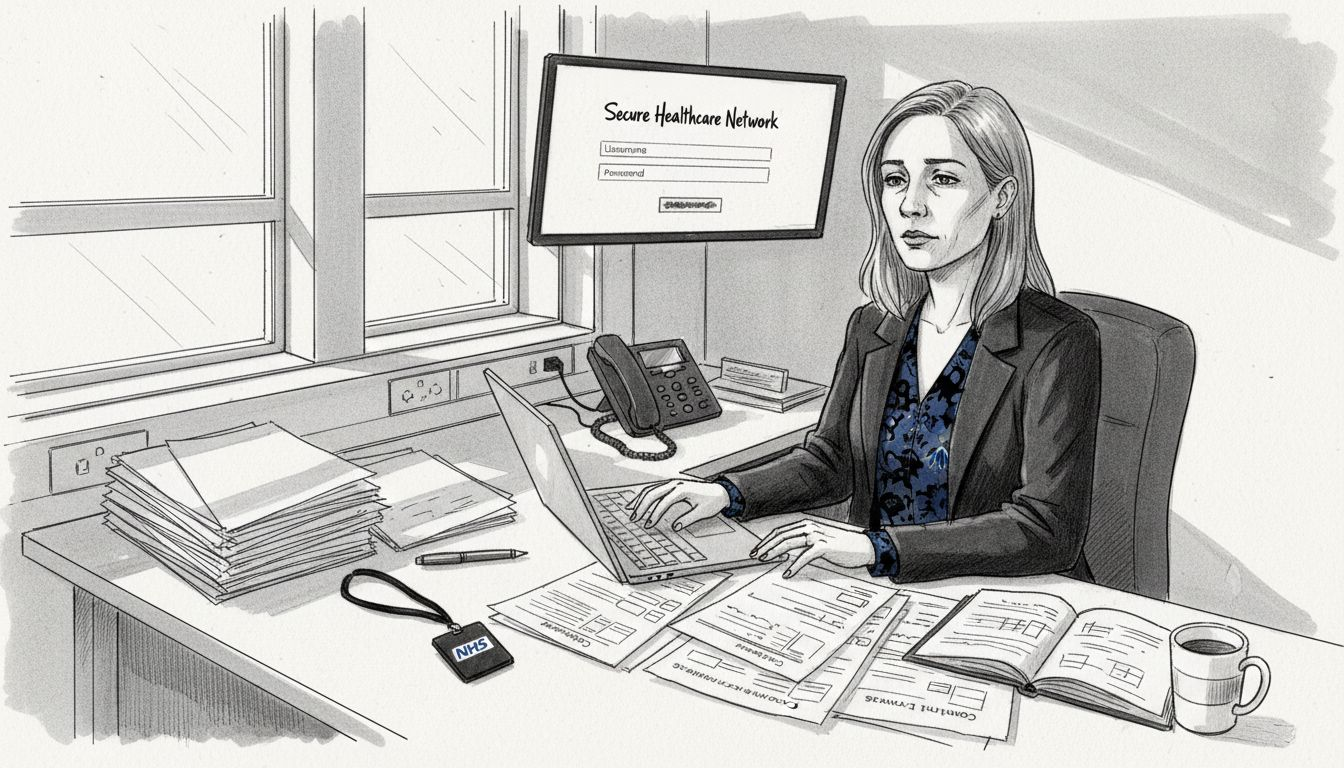 IT officer reviews cybersecurity in hospital office