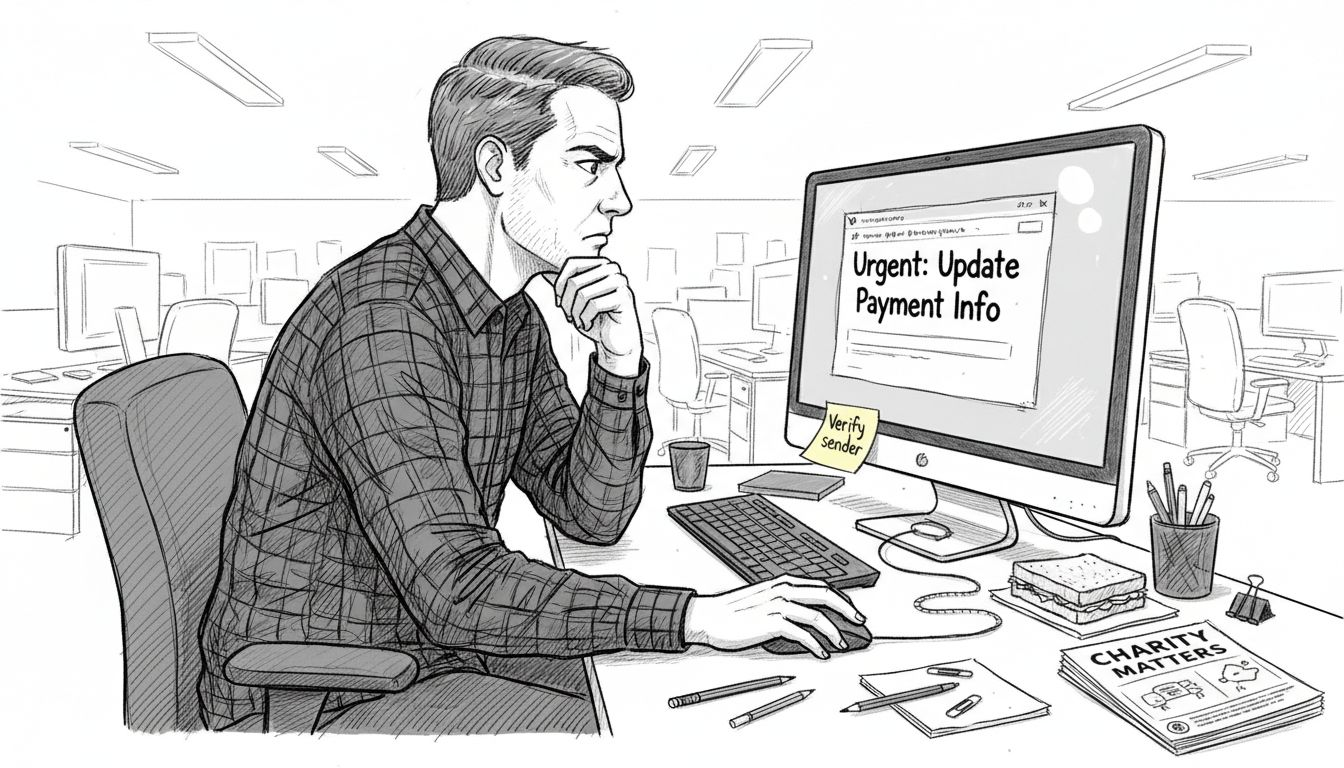 Nonprofit manager reading phishing email