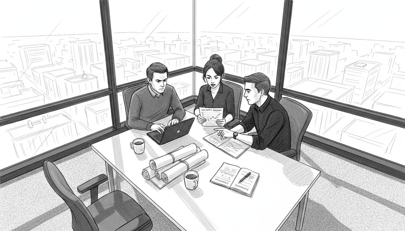 Fintech team discusses cybersecurity in glass-walled office