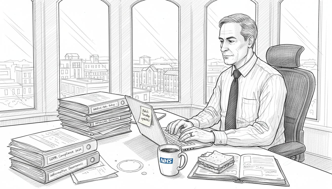 Healthcare CISO working on data protection laptop