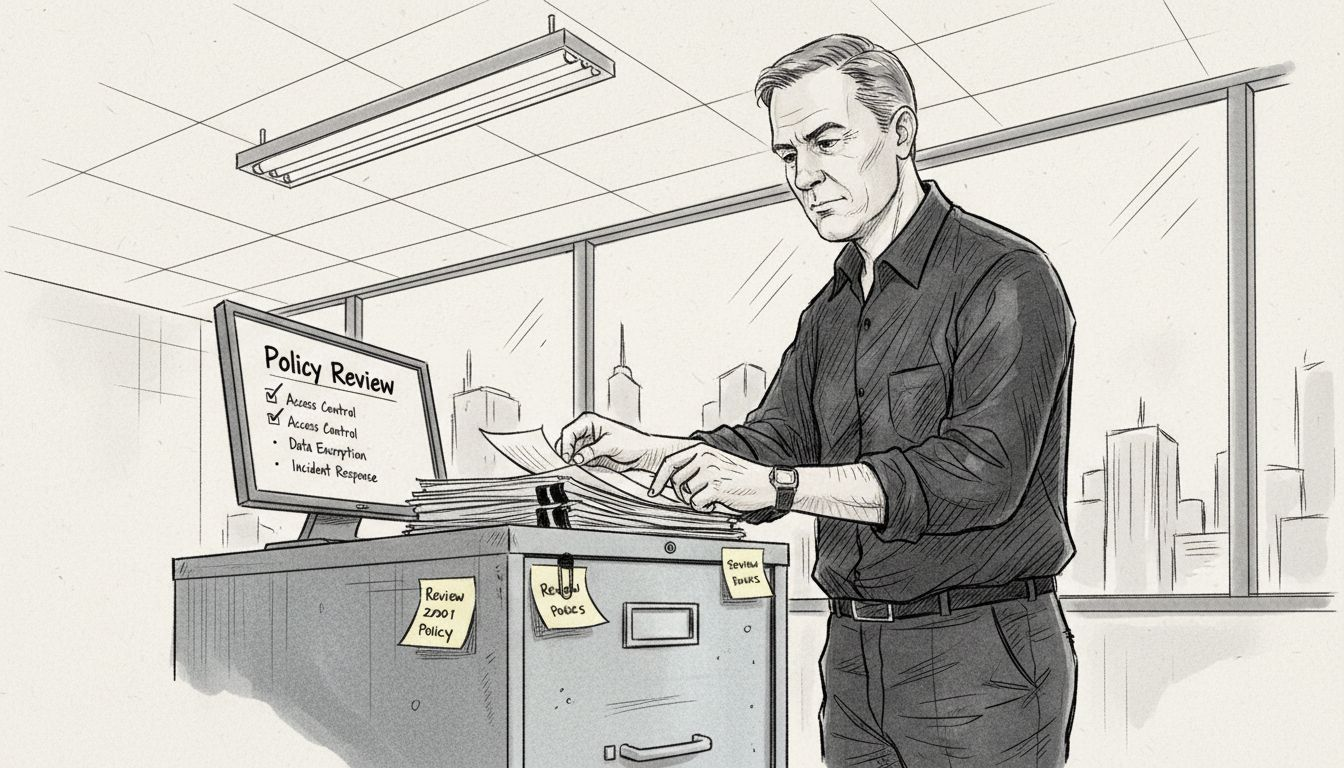 IT manager organizing ISO 27001 paperwork