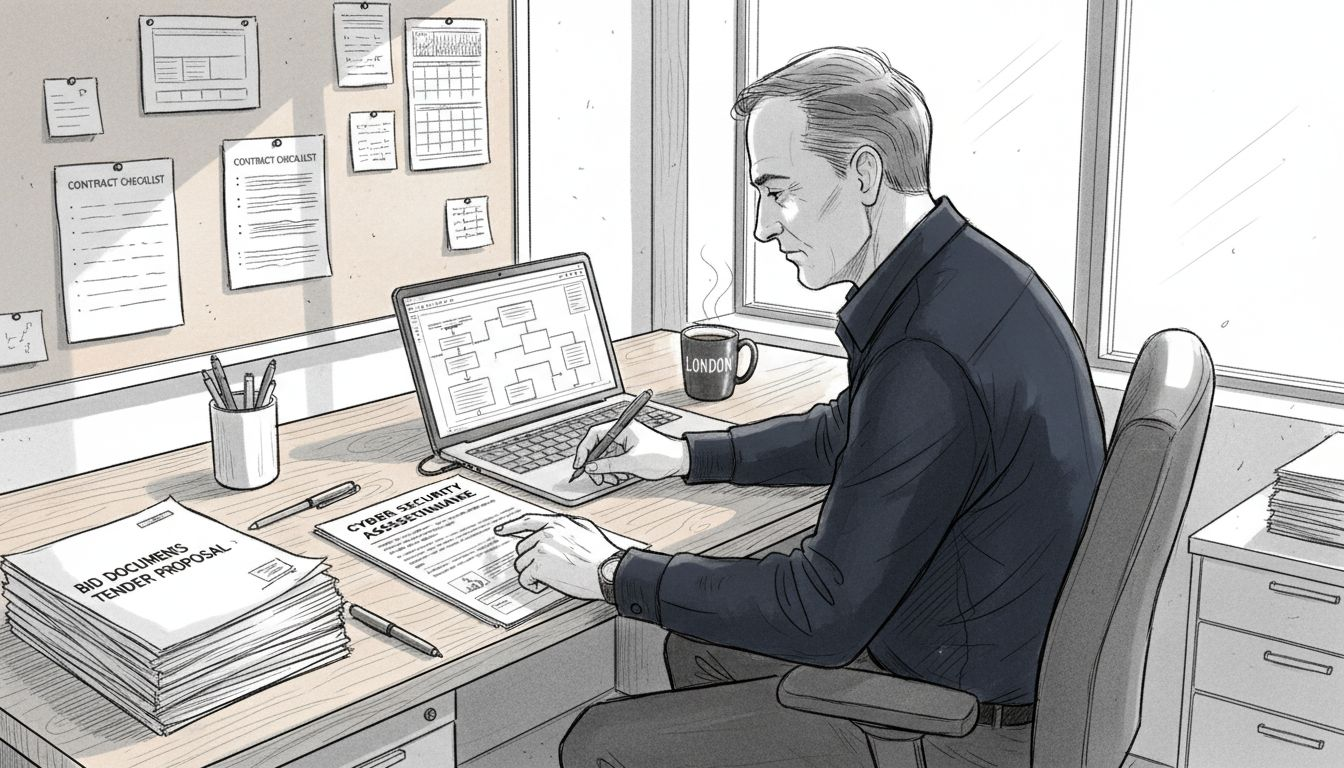 Businessman reviewing cybersecurity questionnaire in office