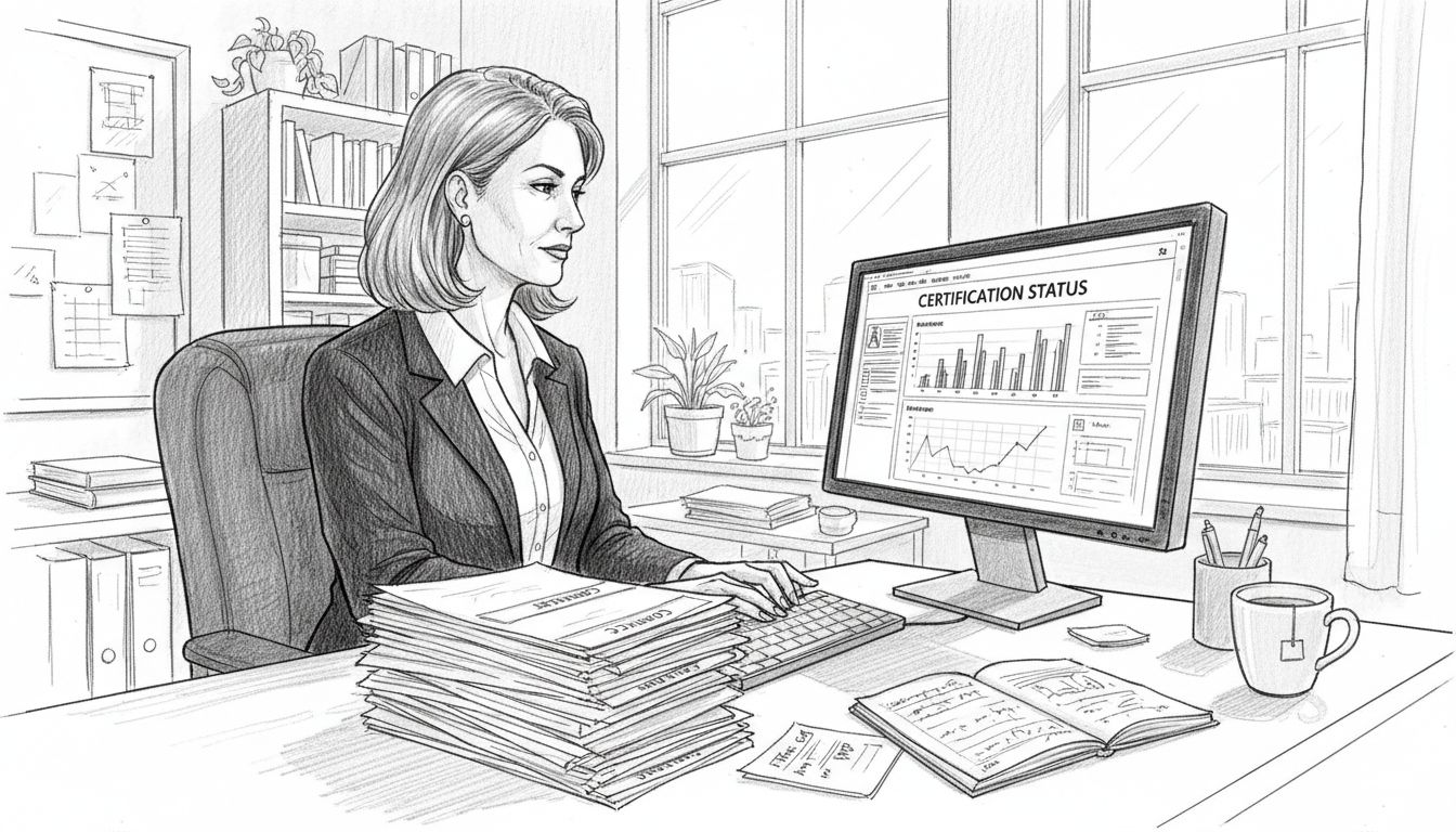 Business owner reviewing cybersecurity certification in office