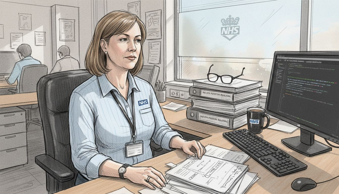 IT manager reviews security compliance in clinic office