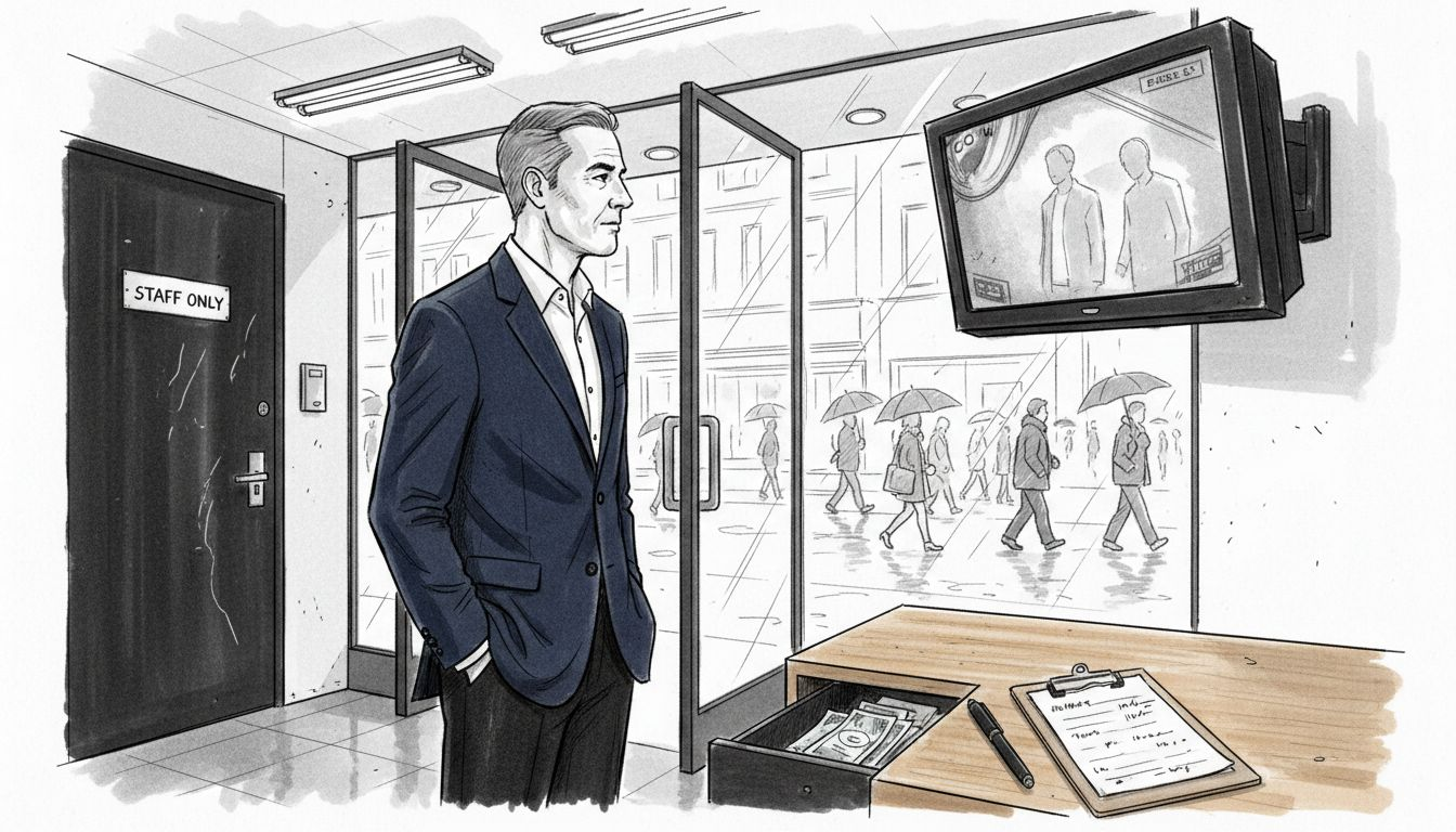 Store manager monitors CCTV for retail security