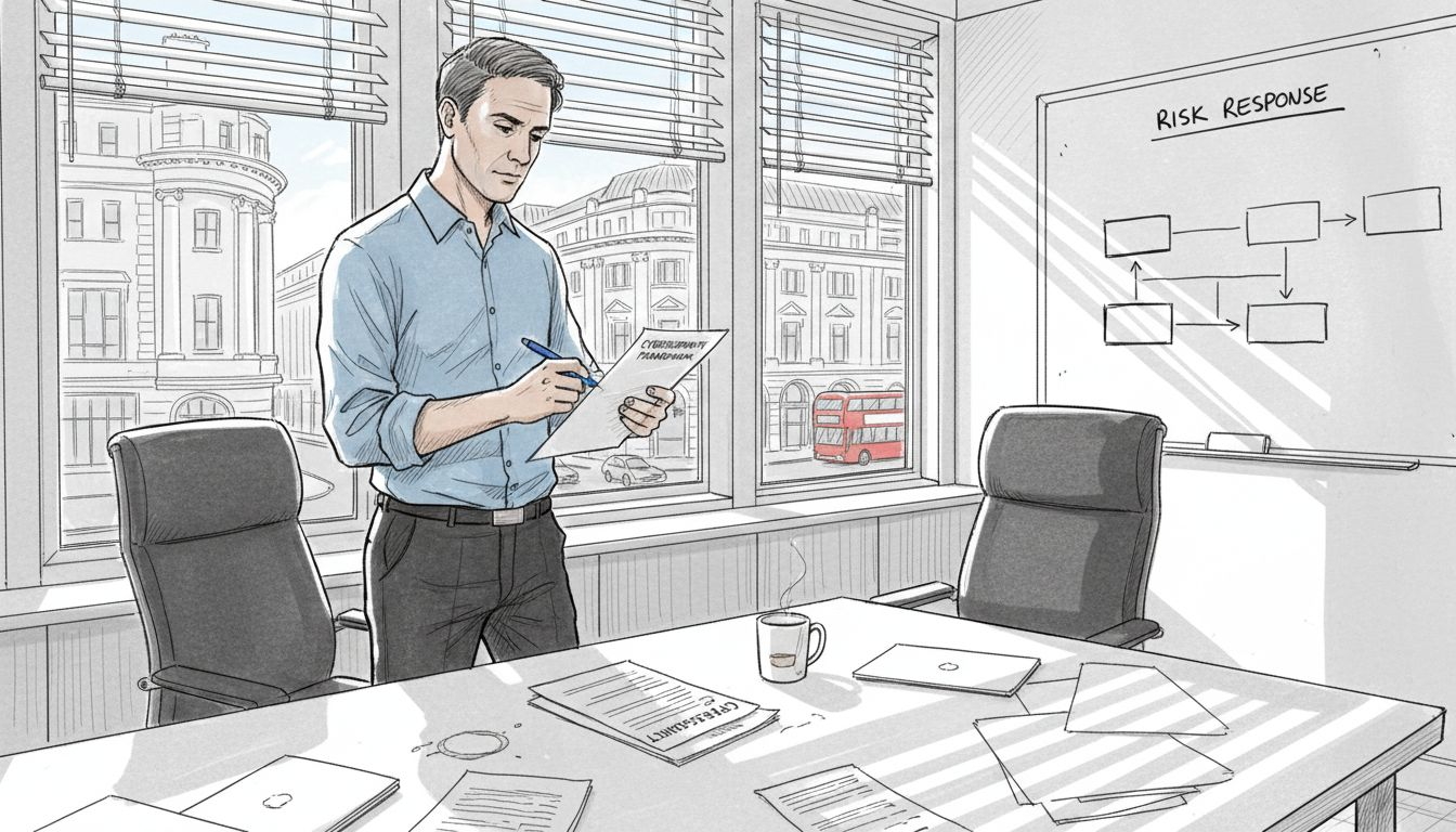 IT manager reviews cybersecurity framework in corner office