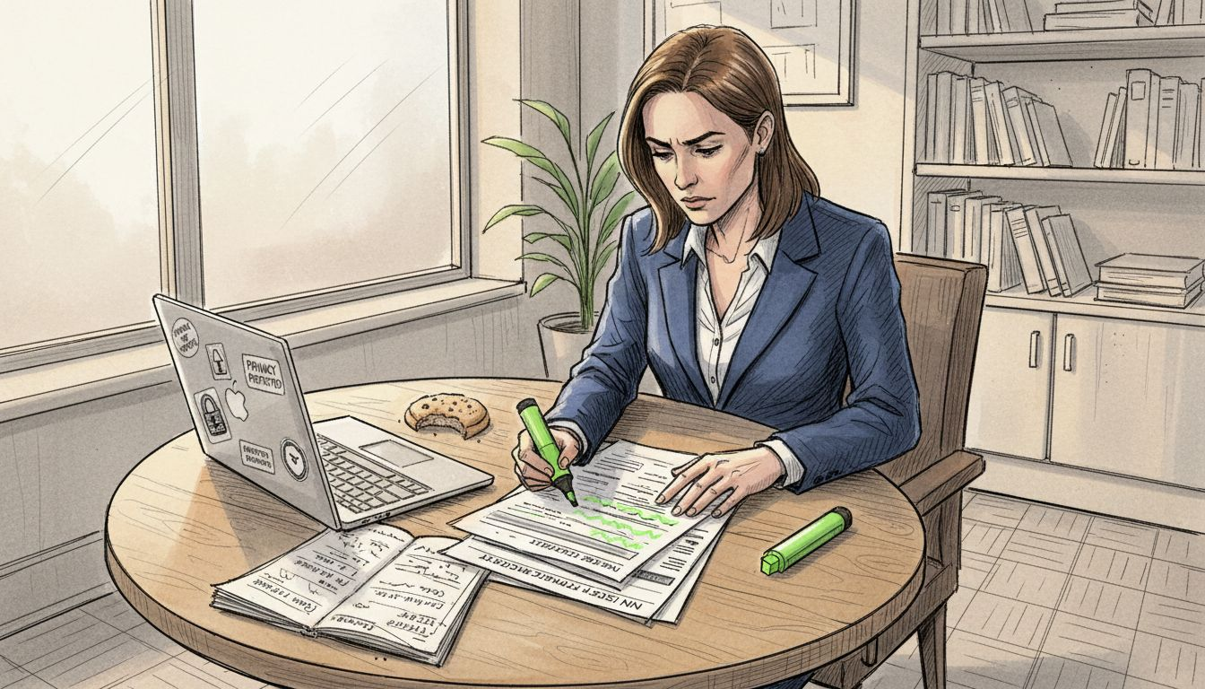 Businesswoman reviewing cybersecurity framework at workspace