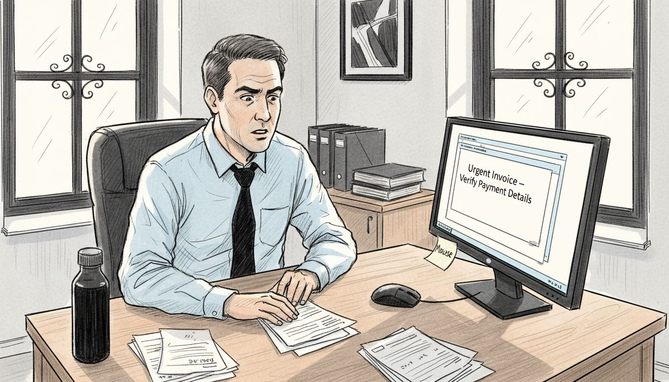 Manager reviews suspicious email in SME office