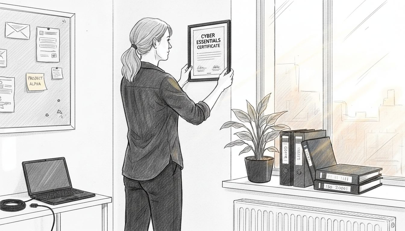 IT manager mounting security certificate on office wall