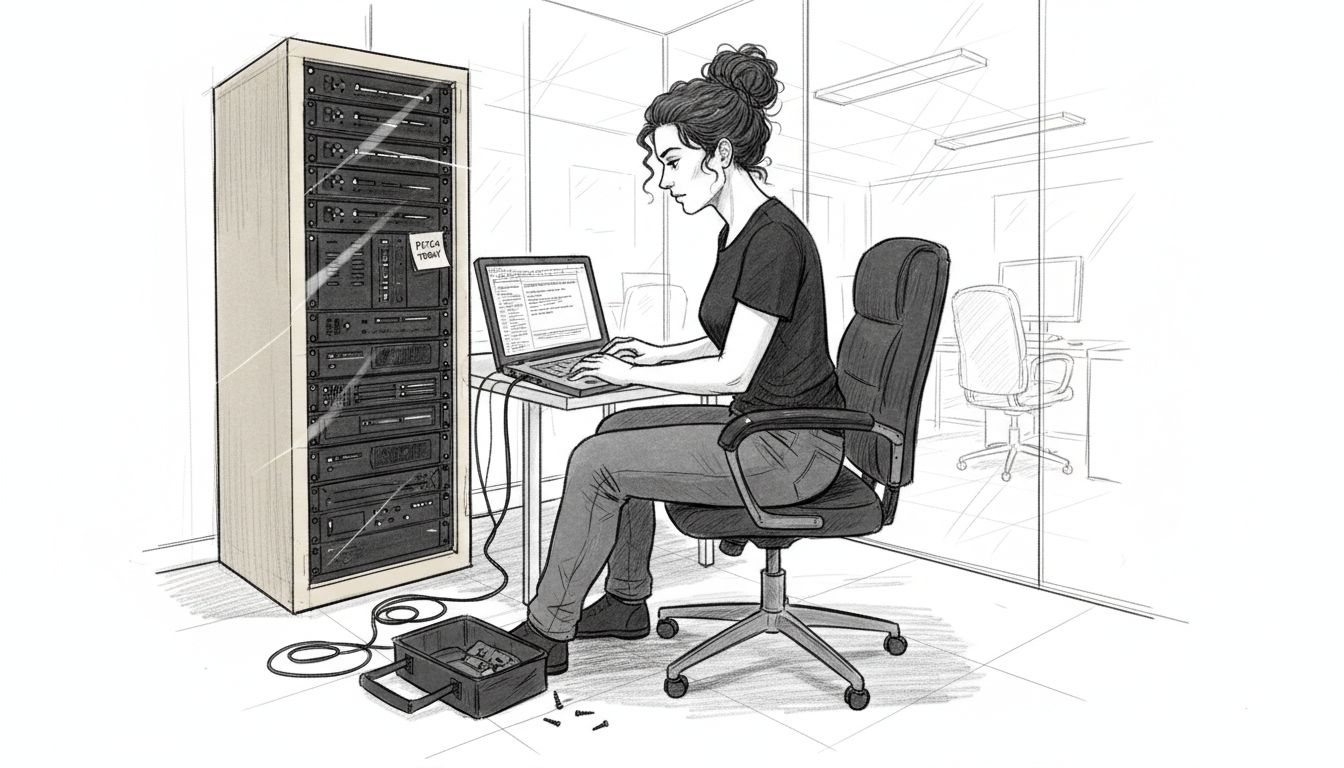 Technician logs patches in small server room