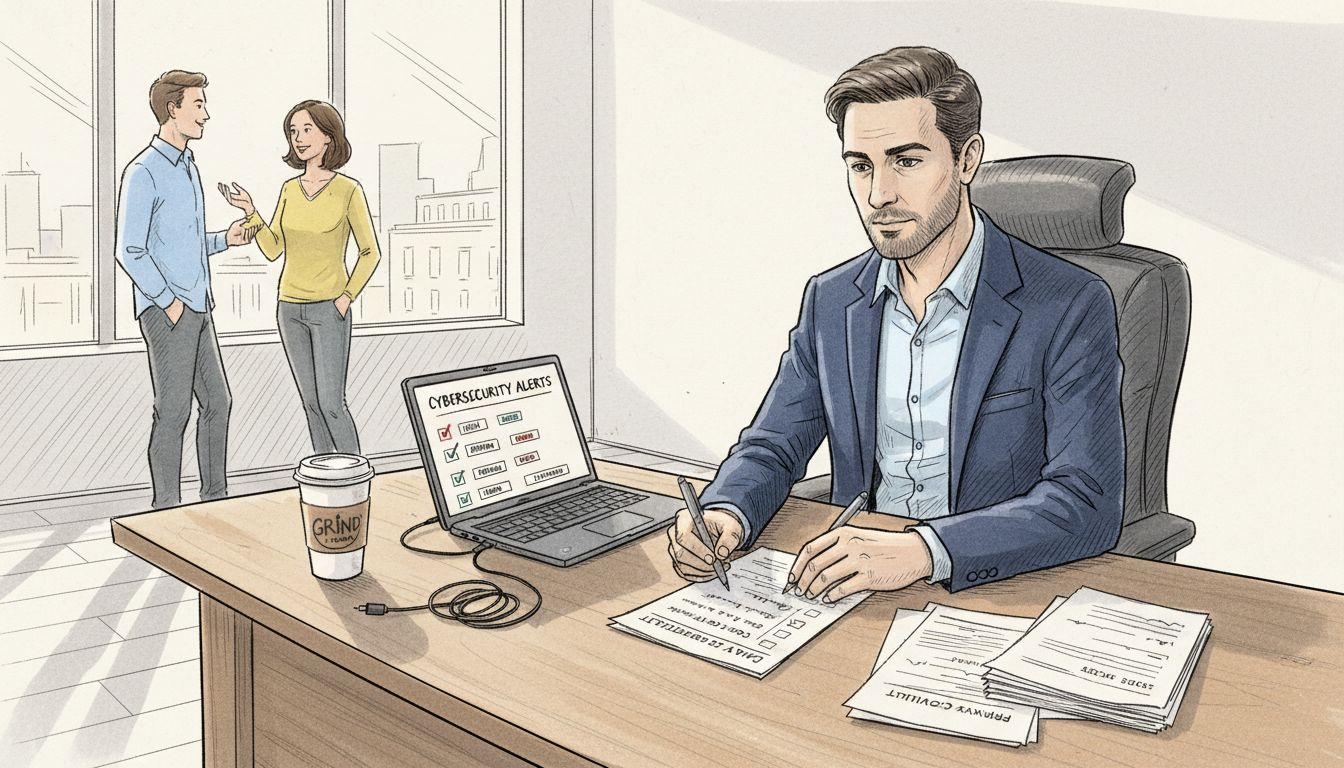 SME owner reviewing cybersecurity checklist in office