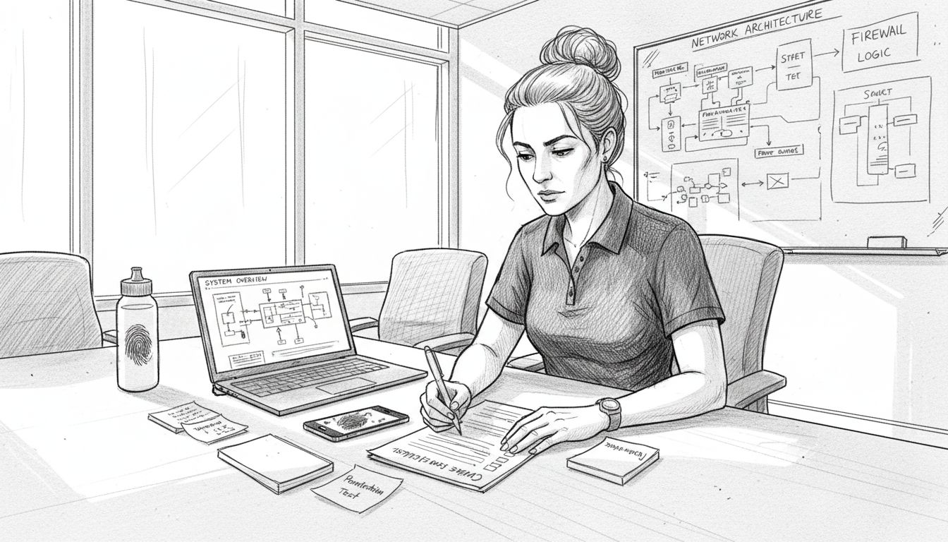 Cybersecurity officer reviews renewal checklist in office