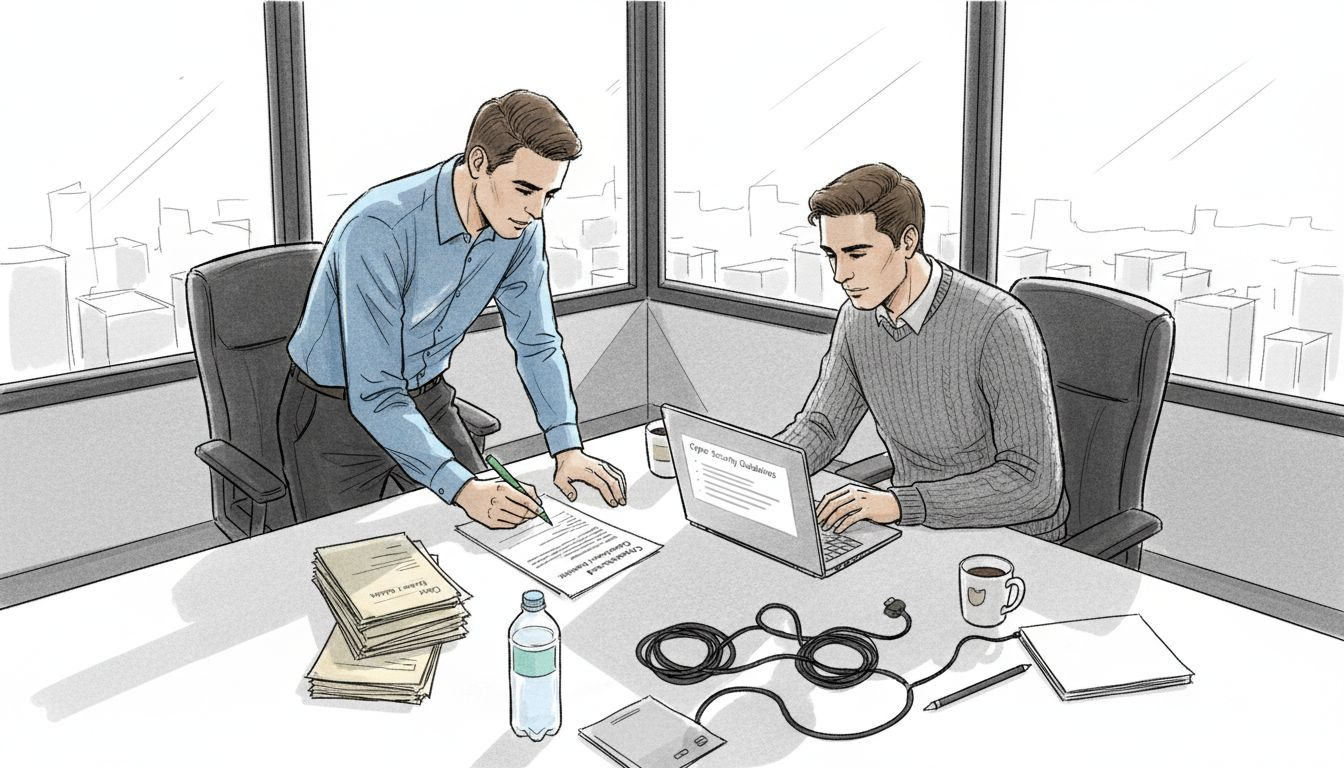 Managers reviewing SME vulnerability policy at office table