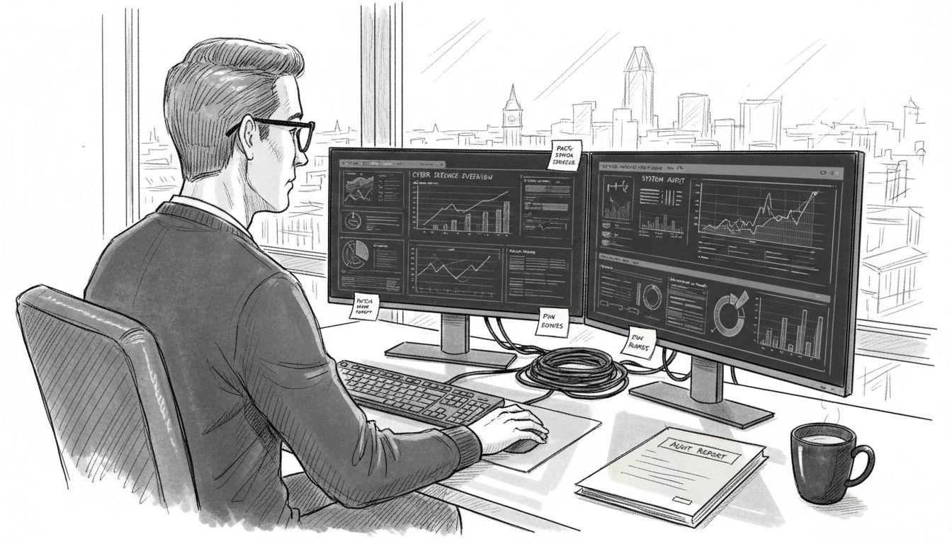 IT manager reviewing cybersecurity dashboard