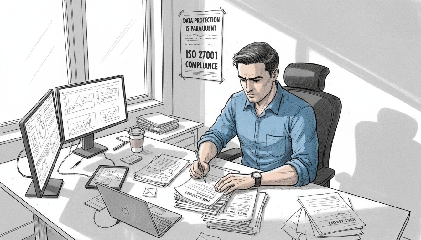 Manager reviewing ISO 27001 compliance paperwork