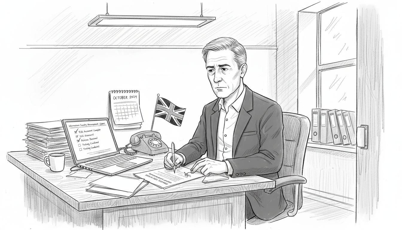 Business owner reviews ISO 27001 compliance paperwork