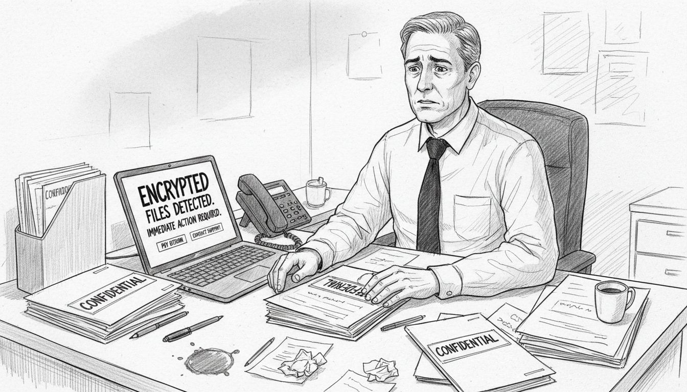 Administrator facing ransomware warning at desk