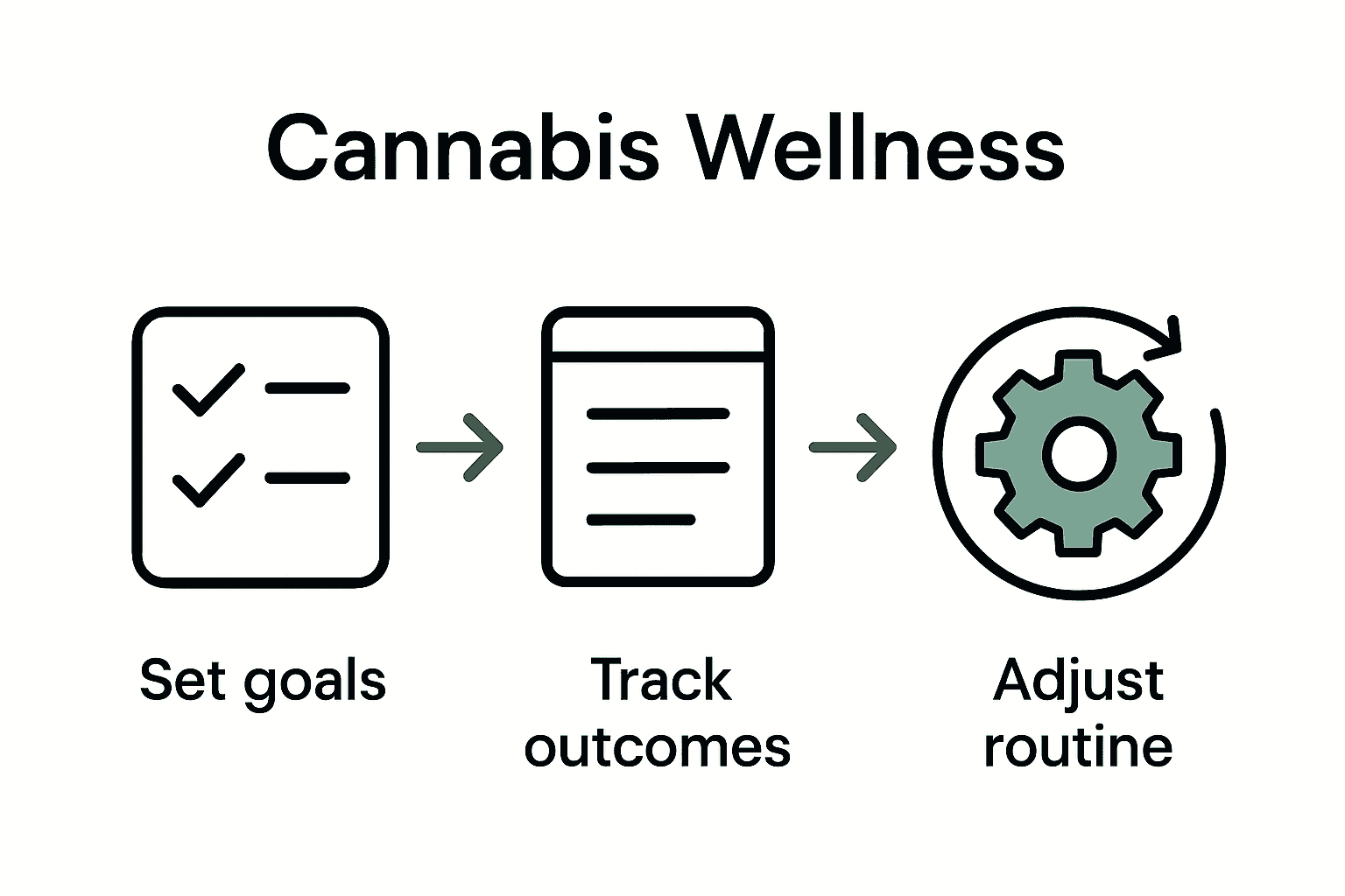 Three-step infographic of cannabis wellness process with goals, tracking, and adjustment icons.