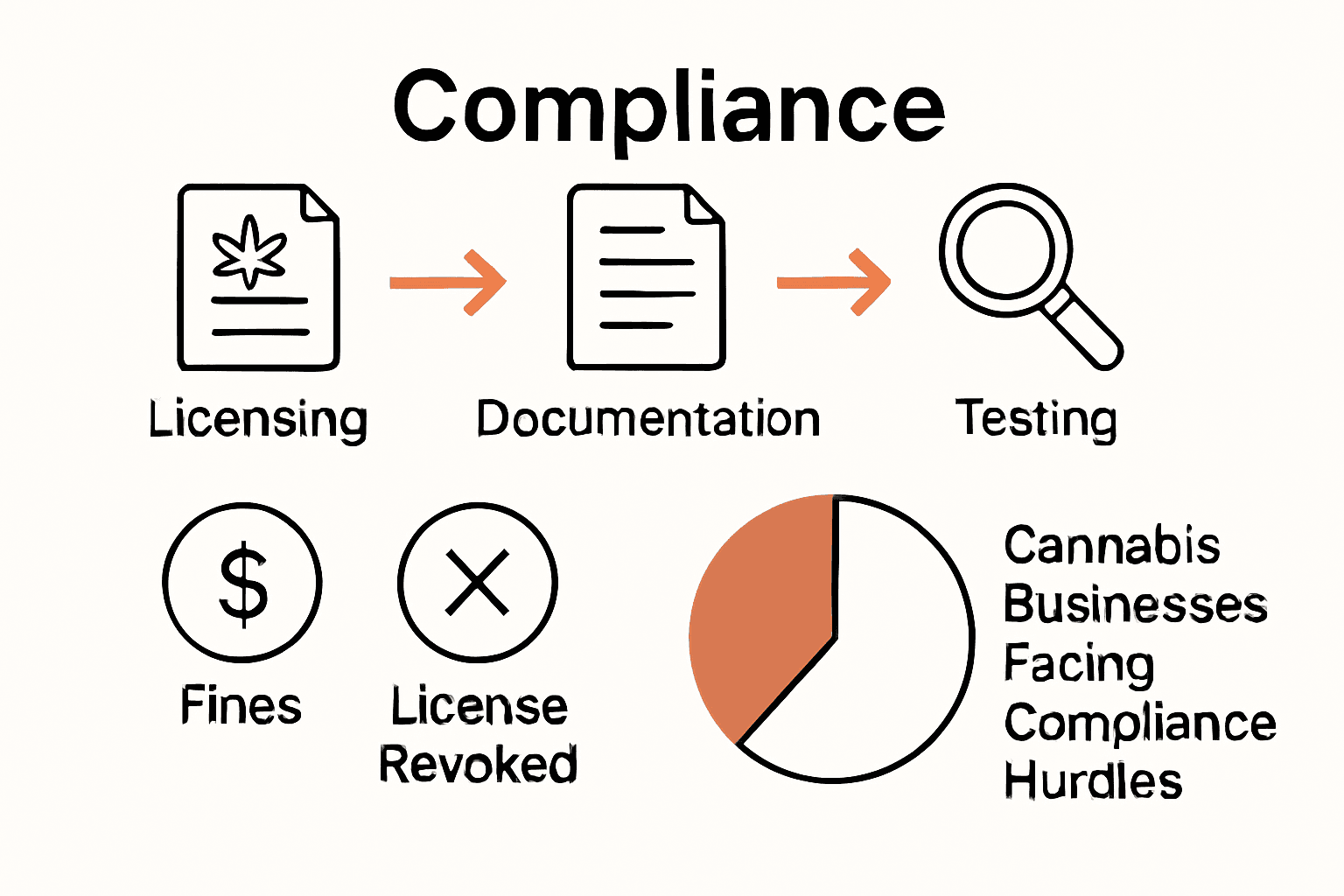Infographic showing compliance process flow, key penalties, and industry statistics