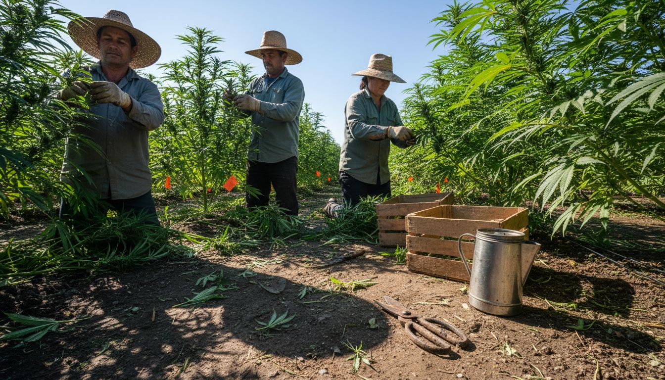 Workers trimming cannabis plants outdoors